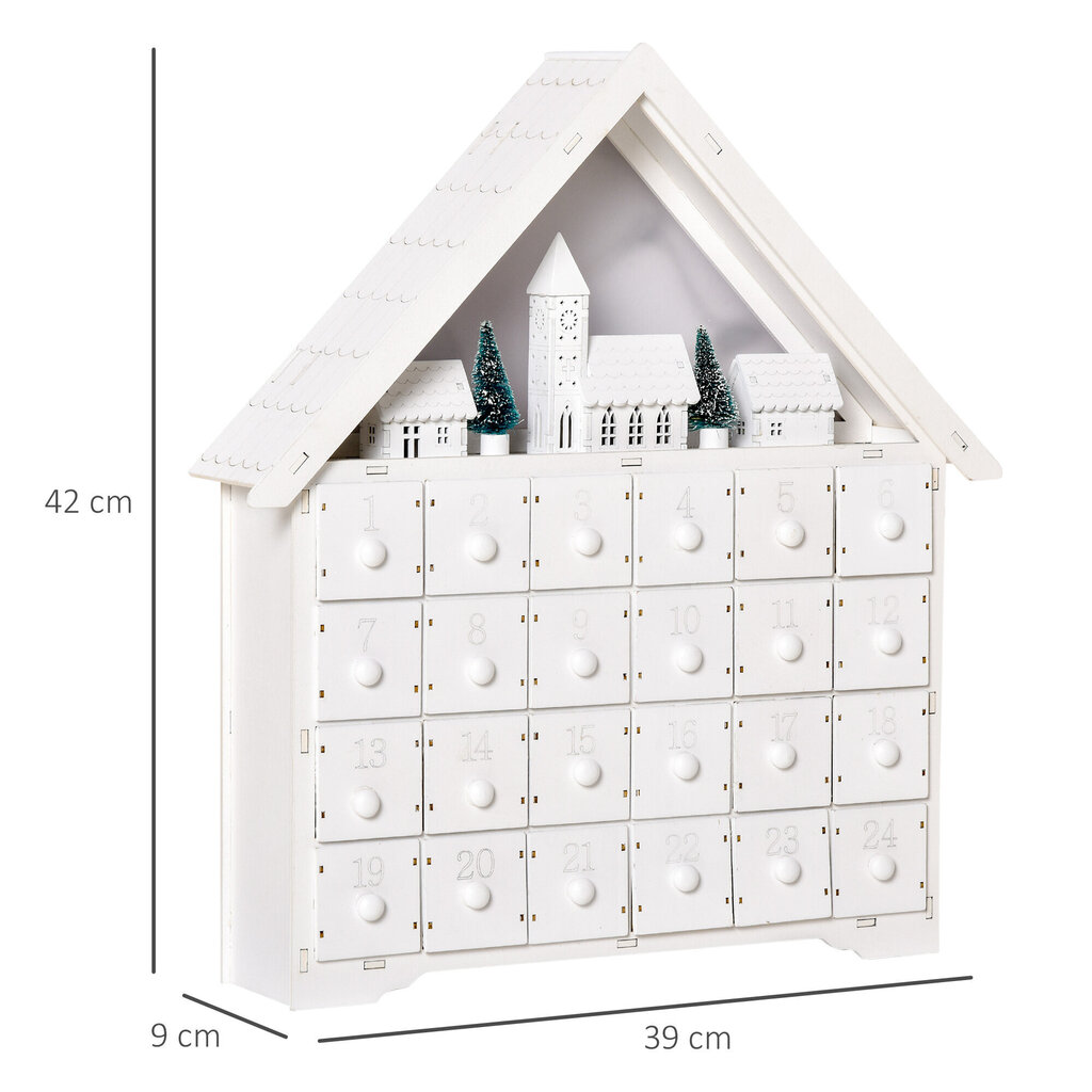 HOMCOM Advendikalender 24 sahtli täitmiseks Jõulukalender LED tuledega 2-in-1 disain jõulukaunistus Valge 39 x 9 x 42 cm hind ja info | Jõulukaunistused | kaup24.ee