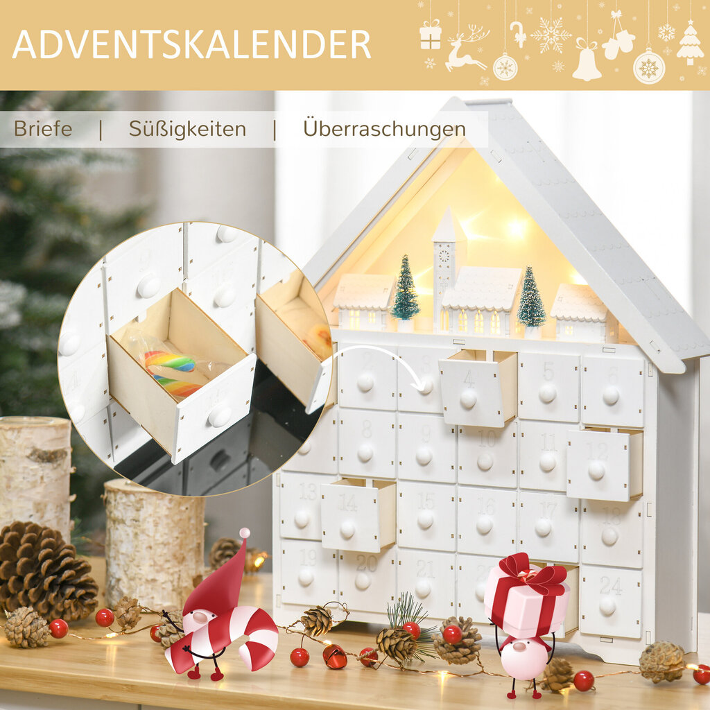 HOMCOM Advendikalender 24 sahtli täitmiseks Jõulukalender LED tuledega 2-in-1 disain jõulukaunistus Valge 39 x 9 x 42 cm hind ja info | Jõulukaunistused | kaup24.ee