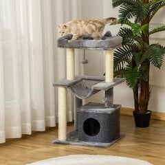 PawHut 90cm Cat Tree Hammock Play Tree Cat Cave Platforms Climbing Tree Plush Sisal Grey цена и информация | Когтеточки | kaup24.ee