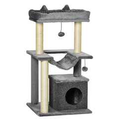 PawHut 90cm Cat Tree Hammock Play Tree Cat Cave Platforms Climbing Tree Plush Sisal Grey цена и информация | Когтеточки | kaup24.ee