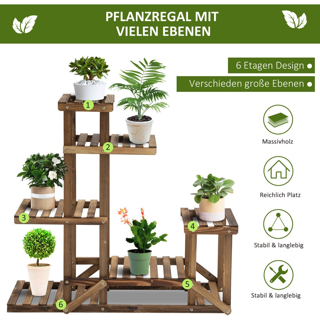 Outsunny taimeriiul täispuidust lillestend 6 tasandiga, söestatud, 98x28x96.5cm, aeda ja rõdule hind ja info | Vaasid, alused, redelid lilledele | kaup24.ee