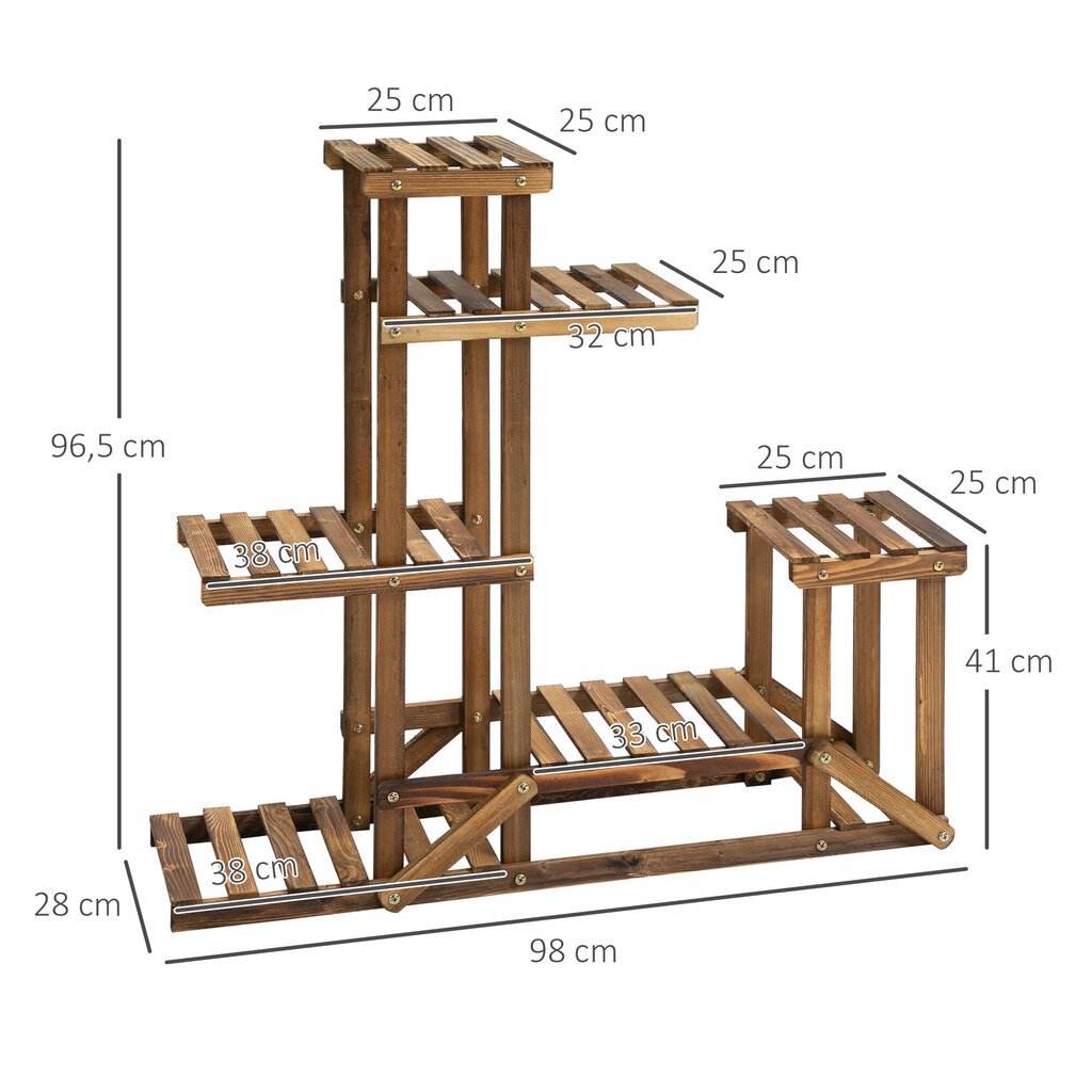 Outsunny taimeriiul täispuidust lillestend 6 tasandiga, söestatud, 98x28x96.5cm, aeda ja rõdule hind ja info | Vaasid, alused, redelid lilledele | kaup24.ee