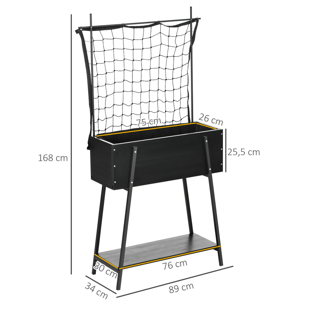 Outsunny tõstetud lillepeenar riiuliga, ilmastikukindel terrassile, täispuidust, must, 89x34x168cm цена и информация | Dekoratiivsed lillepotid | kaup24.ee