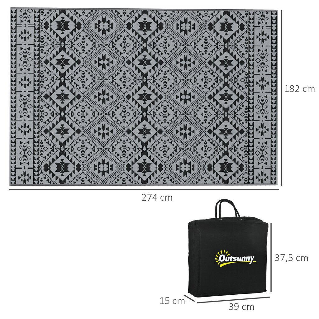 Outsunny õuevaip Vetthülgav plastikust vaip, pöörduv, telkimiseks ja terrassile, must+hall, 182x274cm hind ja info | Vaibad | kaup24.ee