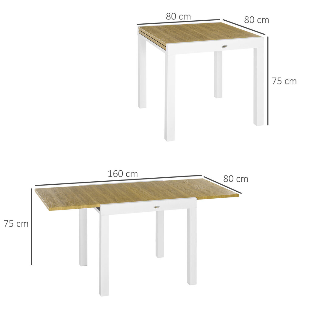 Outsunny aialaud, pikendatav söögilaud aeda, terrassilaua 6 inimesele, rõdulaua puidu välimusega, valge, 80/160 x 80 x 75 cm hind ja info | Aialauad | kaup24.ee