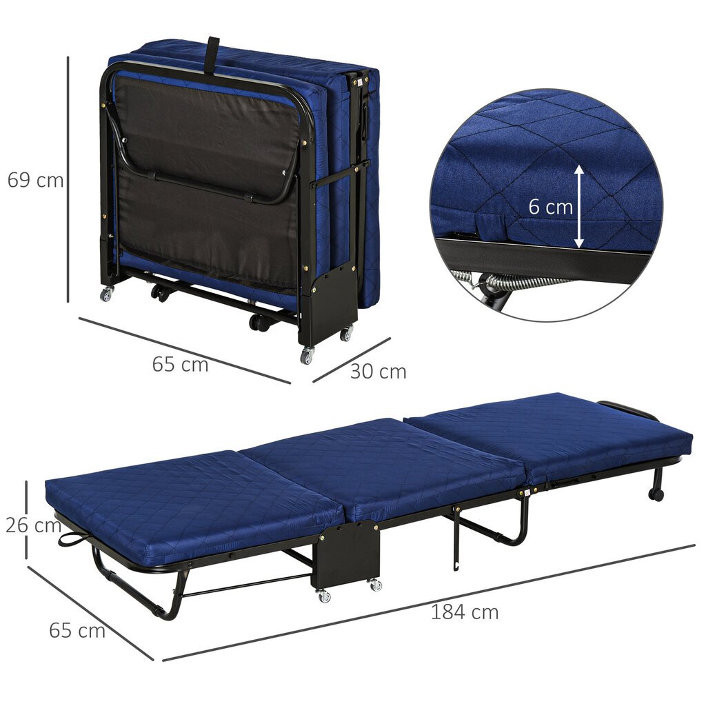 HOMCOM Kokkupandav külalisvoodi 2-in-1 Reguleeritava pealae kõrgusega Rattad Terasvaht Sinine 184x65x26cm цена и информация | Voodid | kaup24.ee