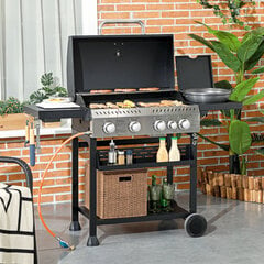 Outsunny gaasigrill 2,5 kW grillkäru 4+1 põletiga, termomeeter, BBQ grill ratastega, külgriiul, konks, riiul, matkagrill, must hind ja info | Grillid | kaup24.ee