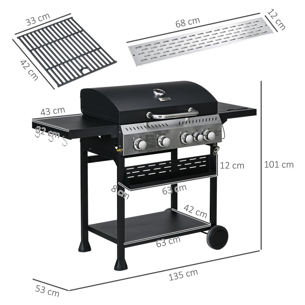 Outsunny gaasigrill 2,5 kW grillkäru 4+1 põletiga, termomeeter, BBQ grill ratastega, külgriiul, konks, riiul, matkagrill, must цена и информация | Grillid | kaup24.ee