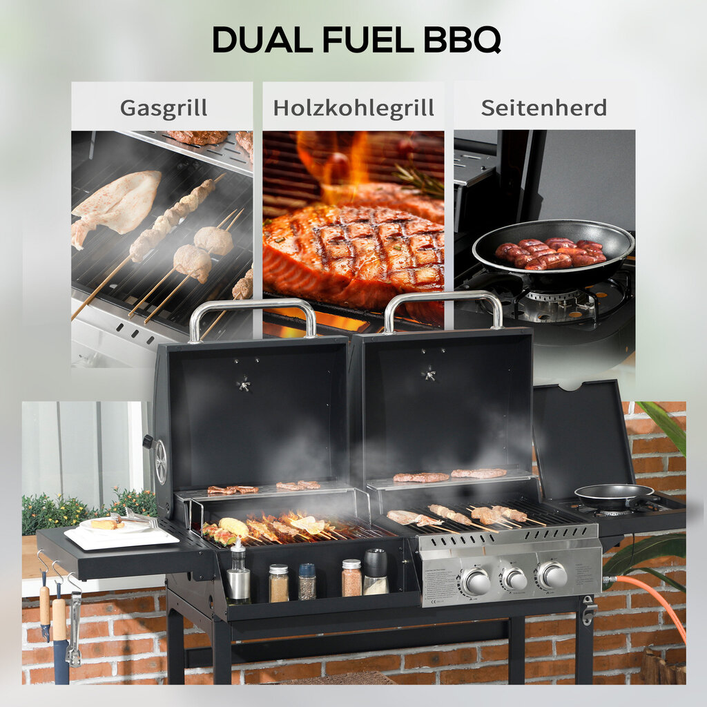 Outsunny gaasigrillivanker 2+1 põletiga, termomeeter, 3kW, BBQ söegrill, riiul, külgriiul, konks, matkasahtel, must цена и информация | Grillid | kaup24.ee