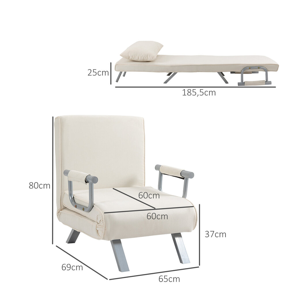 HOMCOM diivanvoodi käetoega 3-in-1 tugitool magamiskohaga külalisvoodi kokkupandav madrats kokkupandav voodi chaise longue multifunktsionaalne polüester kreem 65 x 69 x 80 cm hind ja info | Tugitoolid ja tugitoolvoodid | kaup24.ee