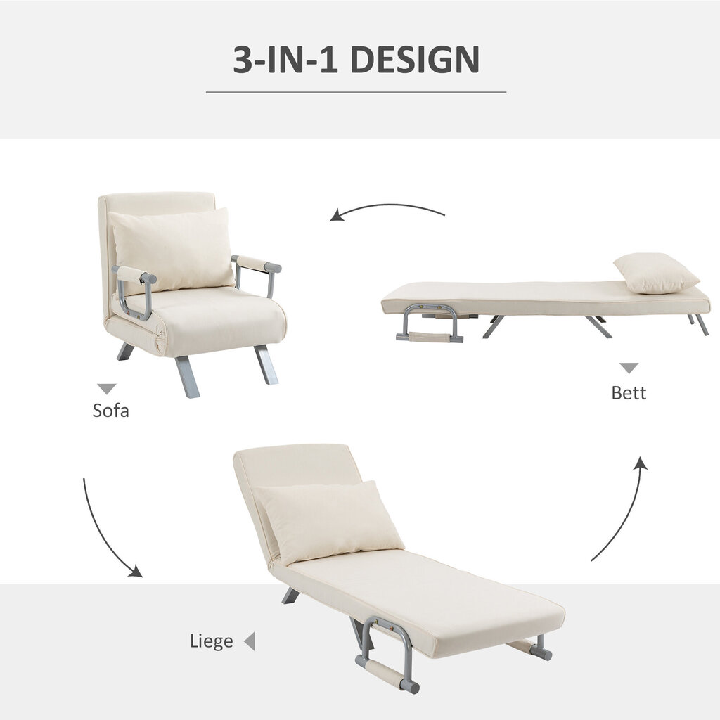 HOMCOM diivanvoodi käetoega 3-in-1 tugitool magamiskohaga külalisvoodi kokkupandav madrats kokkupandav voodi chaise longue multifunktsionaalne polüester kreem 65 x 69 x 80 cm hind ja info | Tugitoolid ja tugitoolvoodid | kaup24.ee