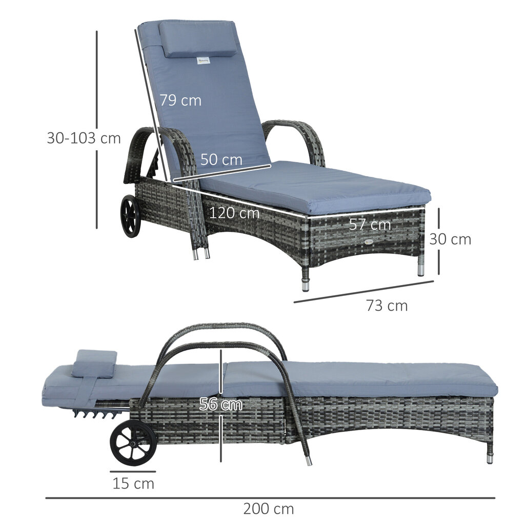 Outsunny aiamööbel aiamööbli lamamistool päikesevoodi mobiil koos padjaga, polürotting+metall, hall, 200x73x30-103cm hind ja info | Päevitustoolid | kaup24.ee