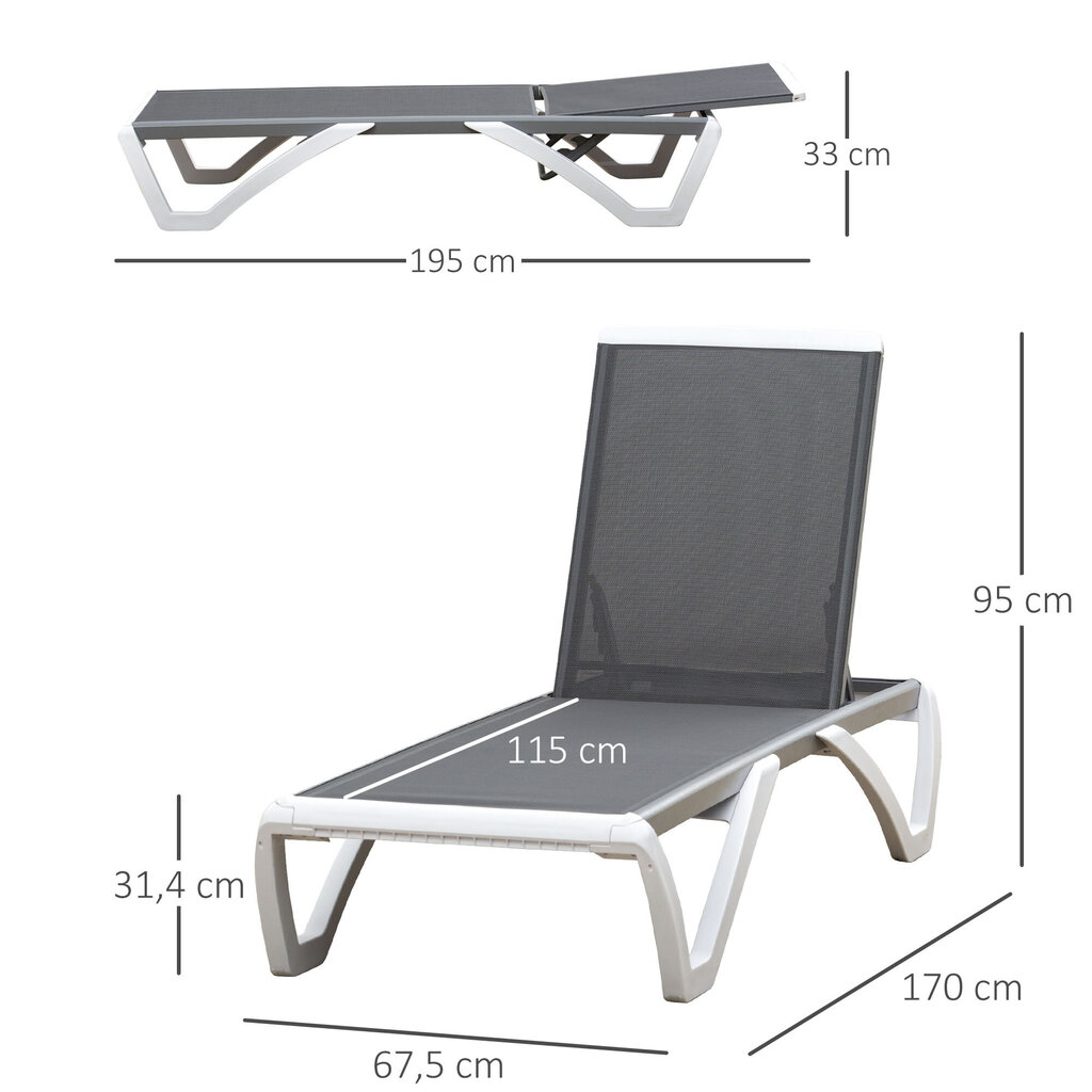 Outsunny aiamaja lamamistool alumiiniumist päikesevoodi kangast lamamistool lõõgastumiseks 5-kordne reguleeritav ergonoomiline tekstiiliin hall+valge 170 x 67,5 x 95 cm цена и информация | Päevitustoolid | kaup24.ee