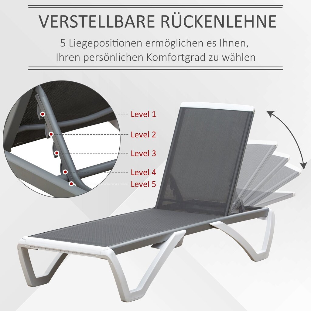 Outsunny aiamaja lamamistool alumiiniumist päikesevoodi kangast lamamistool lõõgastumiseks 5-kordne reguleeritav ergonoomiline tekstiiliin hall+valge 170 x 67,5 x 95 cm цена и информация | Päevitustoolid | kaup24.ee