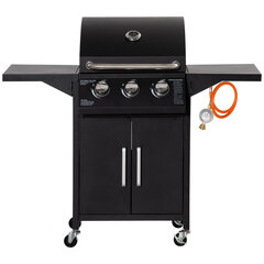 Outsunny gaasigrill BBQ 3 põletiga iga 3 kw mobiilne grillimisvanker 4 ratastega grillvõrk külgmised lauad rõhu reduktor voolikud teras 121 x 55 x 109cm hind ja info | Grillid | kaup24.ee