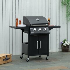 Outsunny gaasigrill BBQ 3 põletiga iga 3 kw mobiilne grillimisvanker 4 ratastega grillvõrk külgmised lauad rõhu reduktor voolikud teras 121 x 55 x 109cm hind ja info | Grillid | kaup24.ee