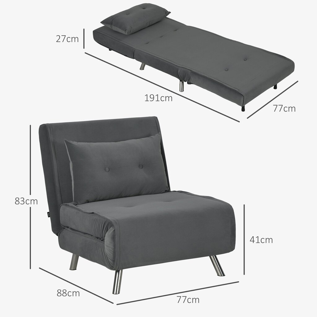 HOMCOM Armchair sleeper kokkupandav tugitool voodi funktsioon ühe diivanipadja külalisvoodi polsterdatud diivan samet tumehall 77x88x83cm цена и информация | Tugitoolid ja tugitoolvoodid | kaup24.ee