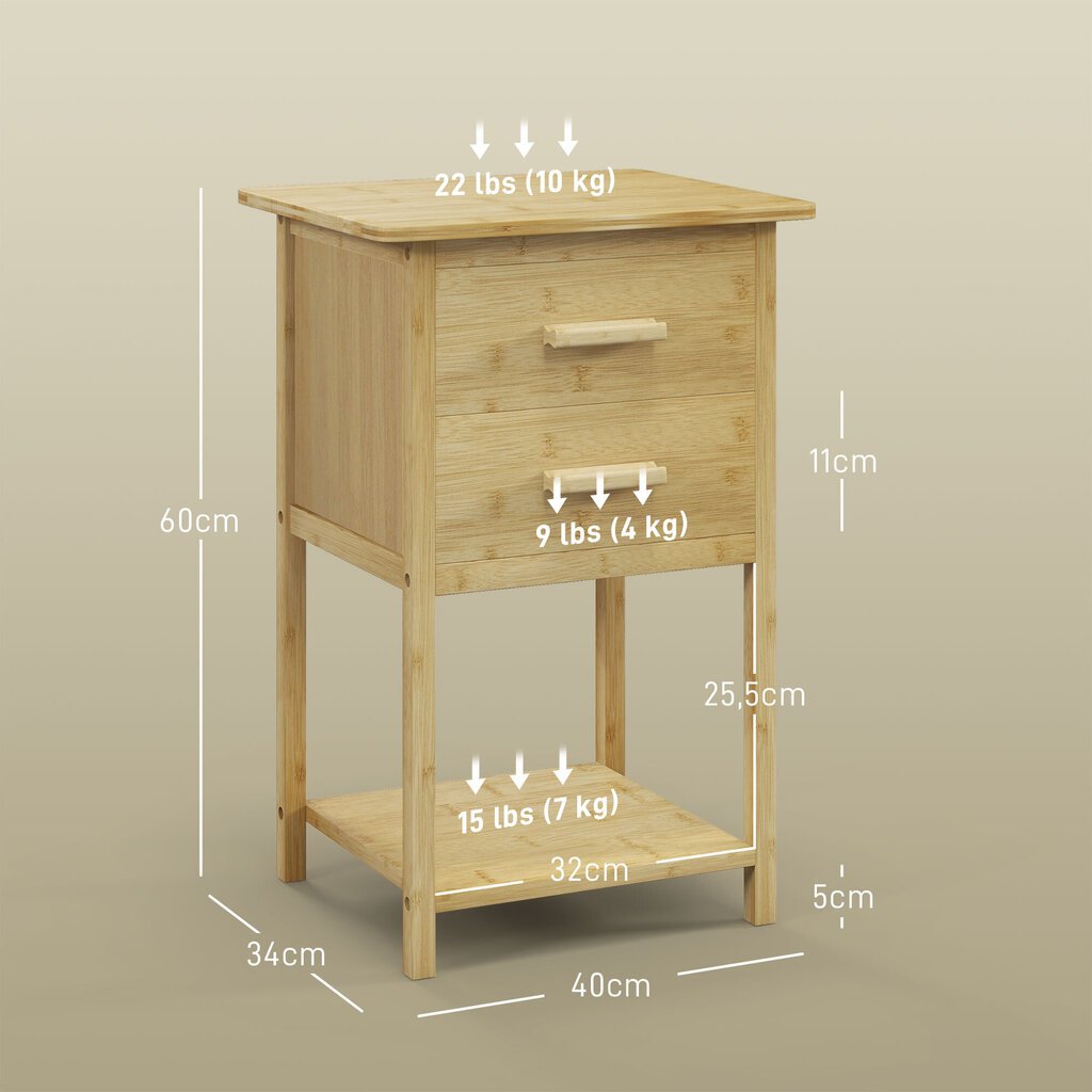 HOMCOM 2 öökapi komplekt, öökapp sahtliga, riiuliga, käepidemega öökapp, magamistuppa, elutuppa, naturaalne, 40 x 34 x 60 cm hind ja info | Öökapid | kaup24.ee