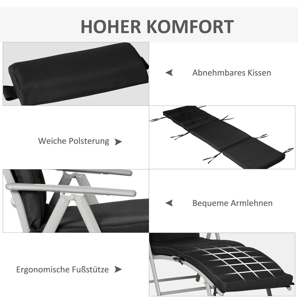 Outsunny päikesevoodi kokkupandav reguleeritav aialaua lamamistool koos pehmendusega, metallist kangas, must, 137x63.5x100.5cm цена и информация | Päevitustoolid | kaup24.ee