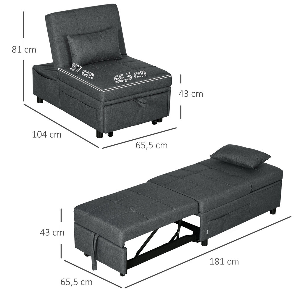 Homcom 3in1 kokkupandav tugitool, hall hind ja info | Tugitoolid ja tugitoolvoodid | kaup24.ee