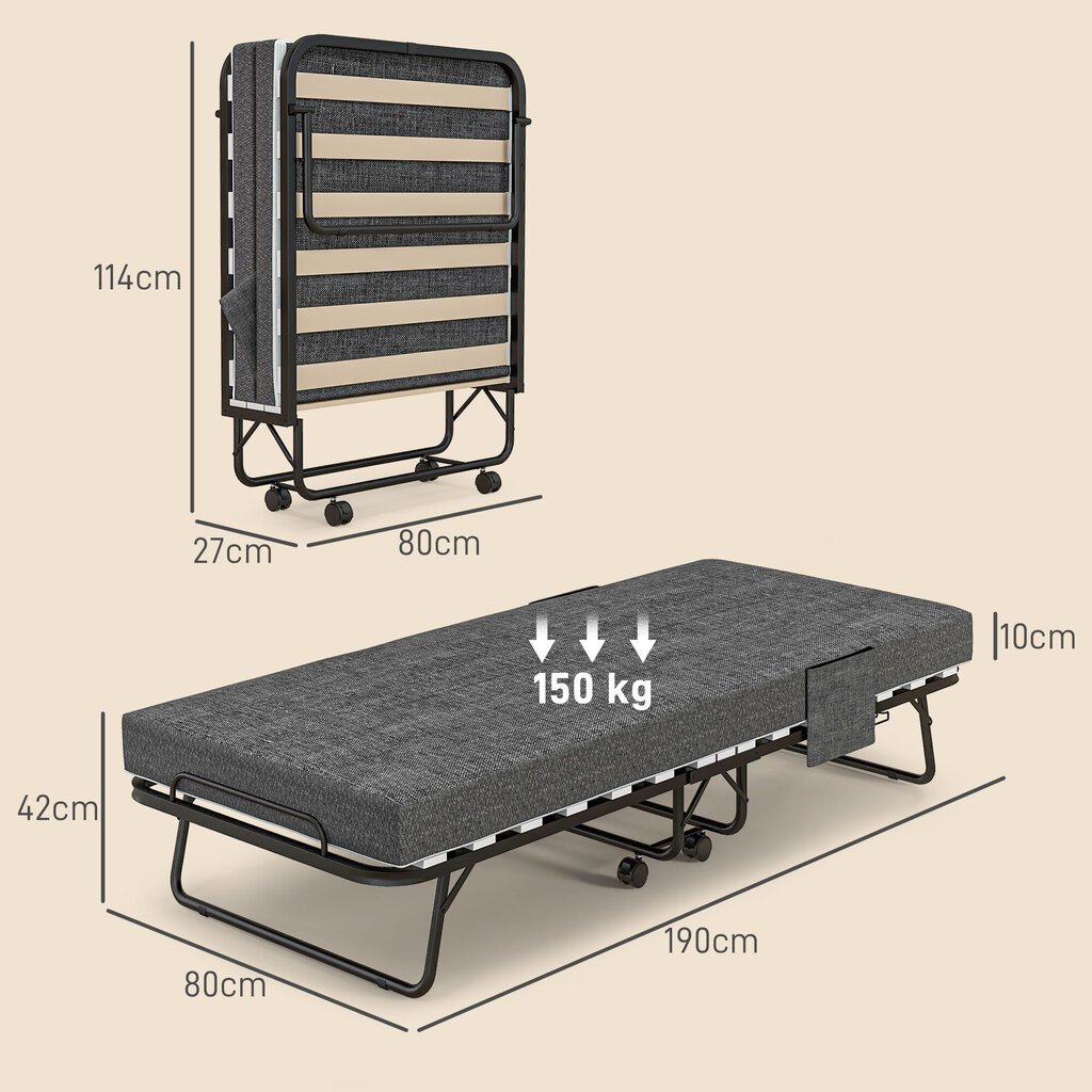 HOMCOM Kokkupandav voodi külalisvoodi ratastega, 10 cm madrats, kate, reisivoodi koos küljekotiga Tumehall 190 x 80 x 42 cm | Aosom hind ja info | Voodid | kaup24.ee