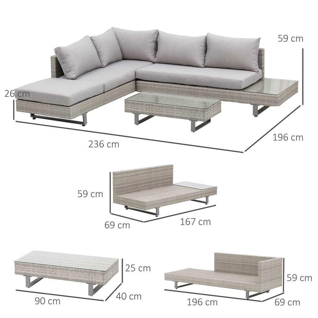 Outsunny Polyrattan Lounge Set 3-osaline kohvilaud Küljelaud Ilmastikukindel Hall + Pruun hind ja info | Aiamööbli komplektid | kaup24.ee