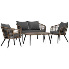 Комплект садовой мебели Outsunny Polyrattan на 4 персоны Rat Sofa Set Seating Group Tea Table with Sofa Cushions Steel Brown+Grey цена и информация | Комплекты уличной мебели | kaup24.ee