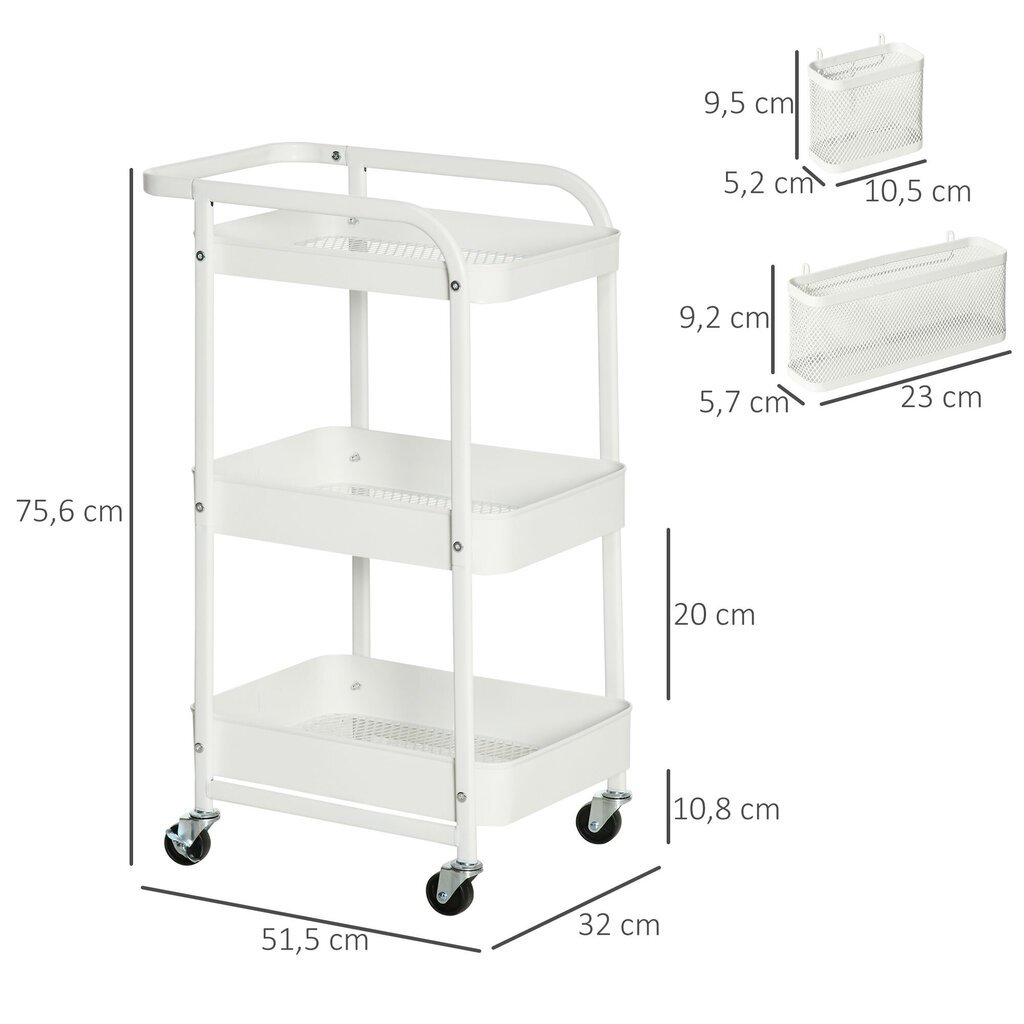 HOMCOM Sahtlitega köögikäru 3-korruseline köögiriiul ratastel köögikontorile, teras, valge, 51.5x32x75.6cm цена и информация | Köögikapid | kaup24.ee