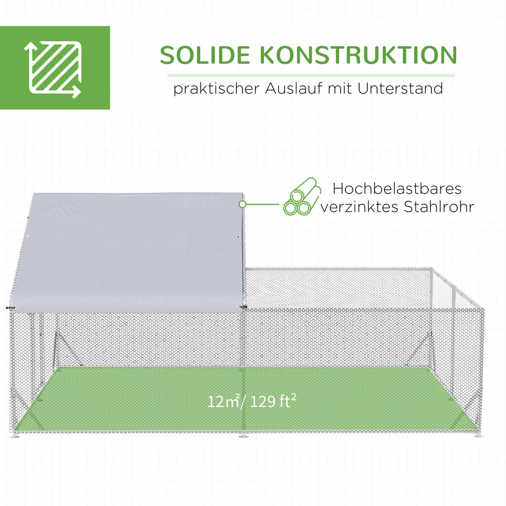 PawHut kanala vabapidamisel kasutatav kanala, 400 x 300 x 195 cm terasest, hõbedane, päikesekatusega цена и информация | Pesakastid, söötjad ja puurid | kaup24.ee