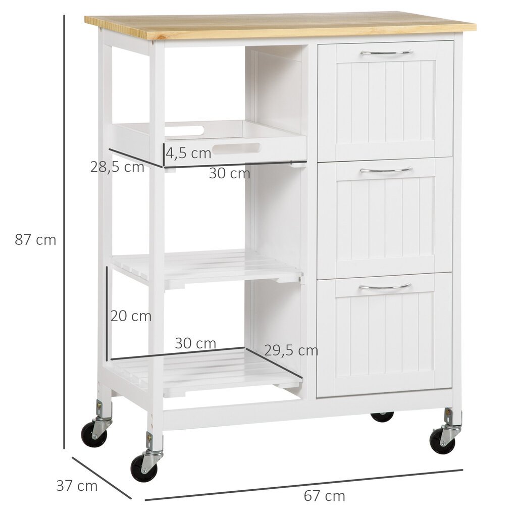 HOMCOM Köögikäru Serveerimiskäru 3 sahtliga, köögikäru 3 tasandiga, hoiukäru töölauaga, köögi jaoks, valge, 67 x 37 x 85 cm hind ja info | Köögi- ja söögilauad | kaup24.ee