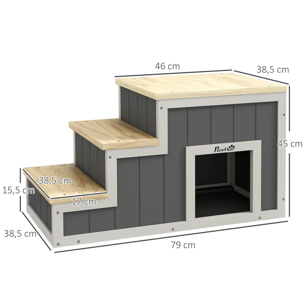 PawHut 2-in-1 koeratrepp, kassitrepp koopaga, 3 astet, puidust lemmikloomatrepp, kuni 30 kg, lemmikloomatrepp hind ja info | Pesad, kuudid | kaup24.ee