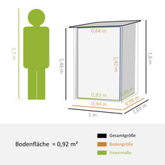 Outsunny стальной сарай для инструментов 0,92 м² Запираемый садовый сарай с односкатной крышей, 100x103x160 см, серый цена и информация | Садовые сараи, дровницы | kaup24.ee