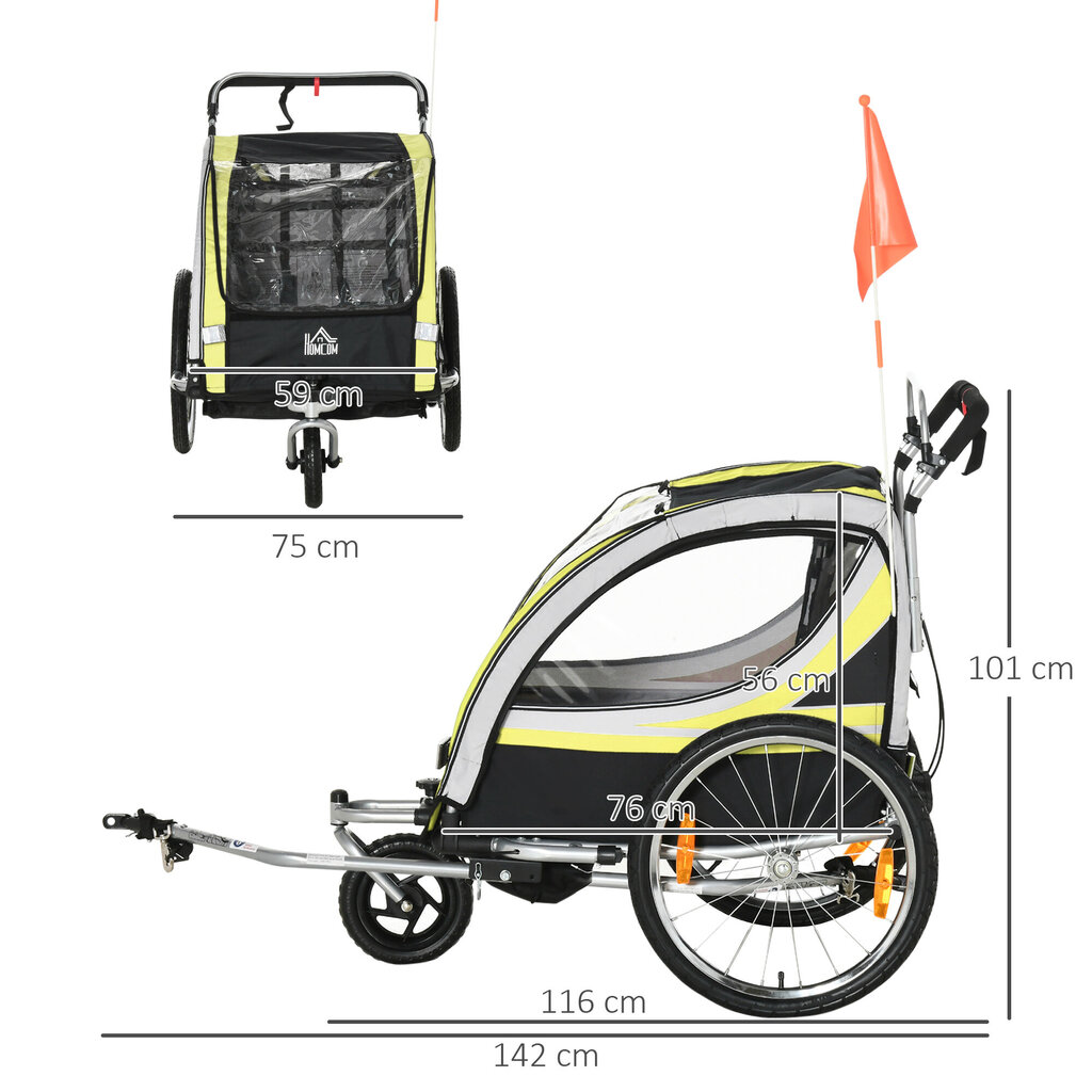 HOMCOM Laste jalgrattahaagis 2 in 1 vedrustus, võrkudega uks, 360° pöörlev esiratas, pidur, kollane+must, 142x75x101cm цена и информация | Jalgrattakärud | kaup24.ee