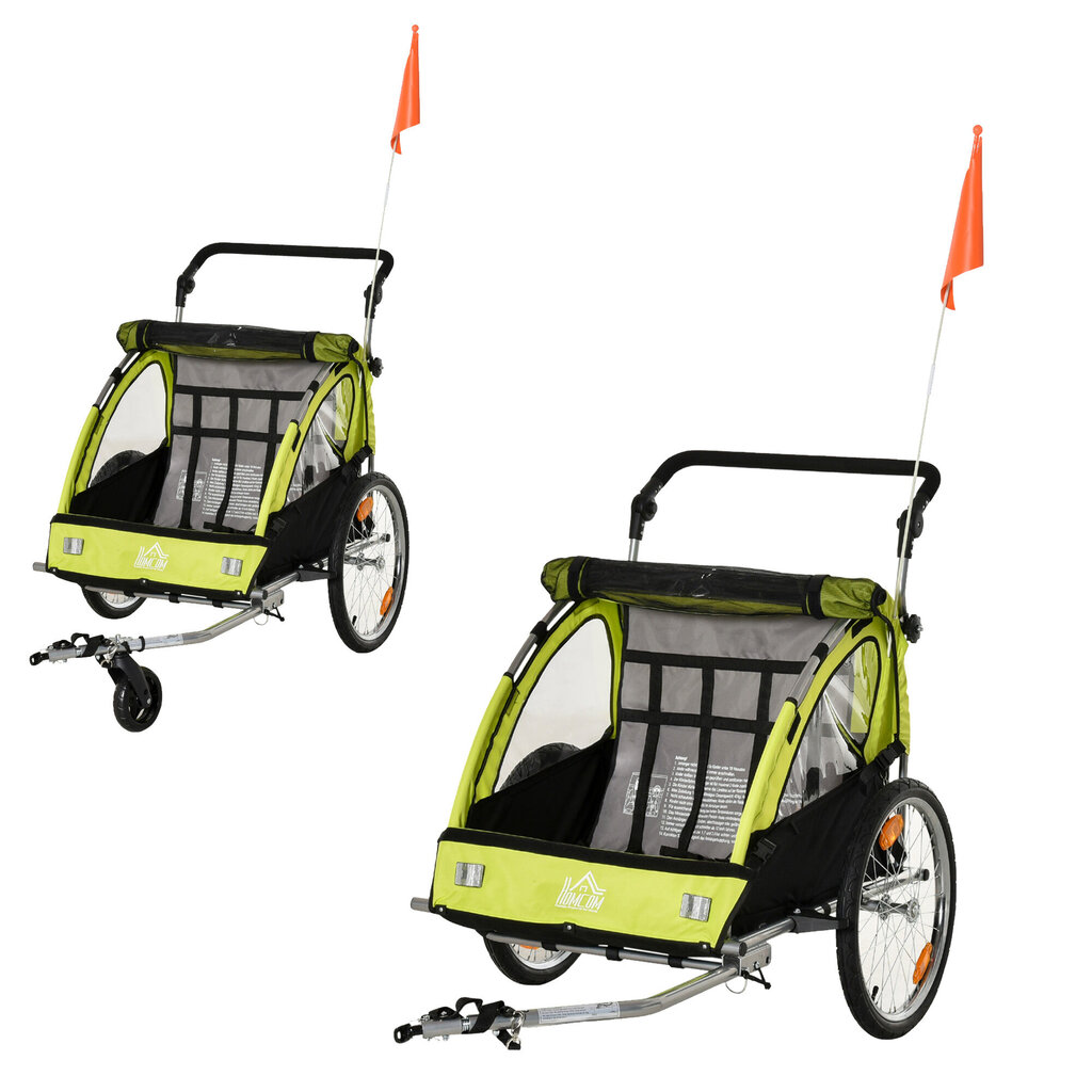 HOMCOM jalgrattahaagis 2 in 1 lapsevanker jogger funktsiooniga, 360° pööratav, turvavöö, roheline+must, 160x84x106cm цена и информация | Jalgrattakärud | kaup24.ee