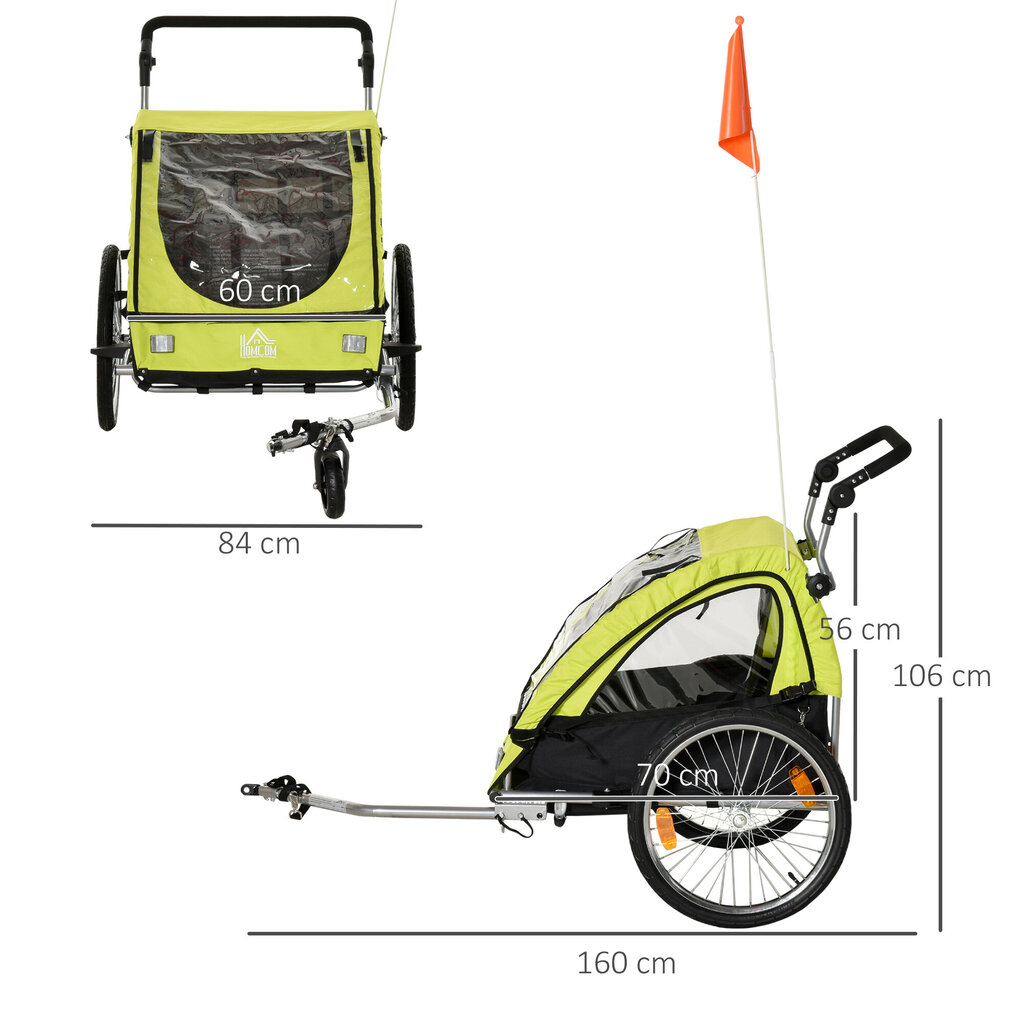 HOMCOM jalgrattahaagis 2 in 1 lapsevanker jogger funktsiooniga, 360° pööratav, turvavöö, roheline+must, 160x84x106cm цена и информация | Jalgrattakärud | kaup24.ee