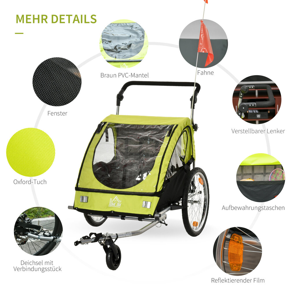 HOMCOM jalgrattahaagis 2 in 1 lapsevanker jogger funktsiooniga, 360° pööratav, turvavöö, roheline+must, 160x84x106cm цена и информация | Jalgrattakärud | kaup24.ee