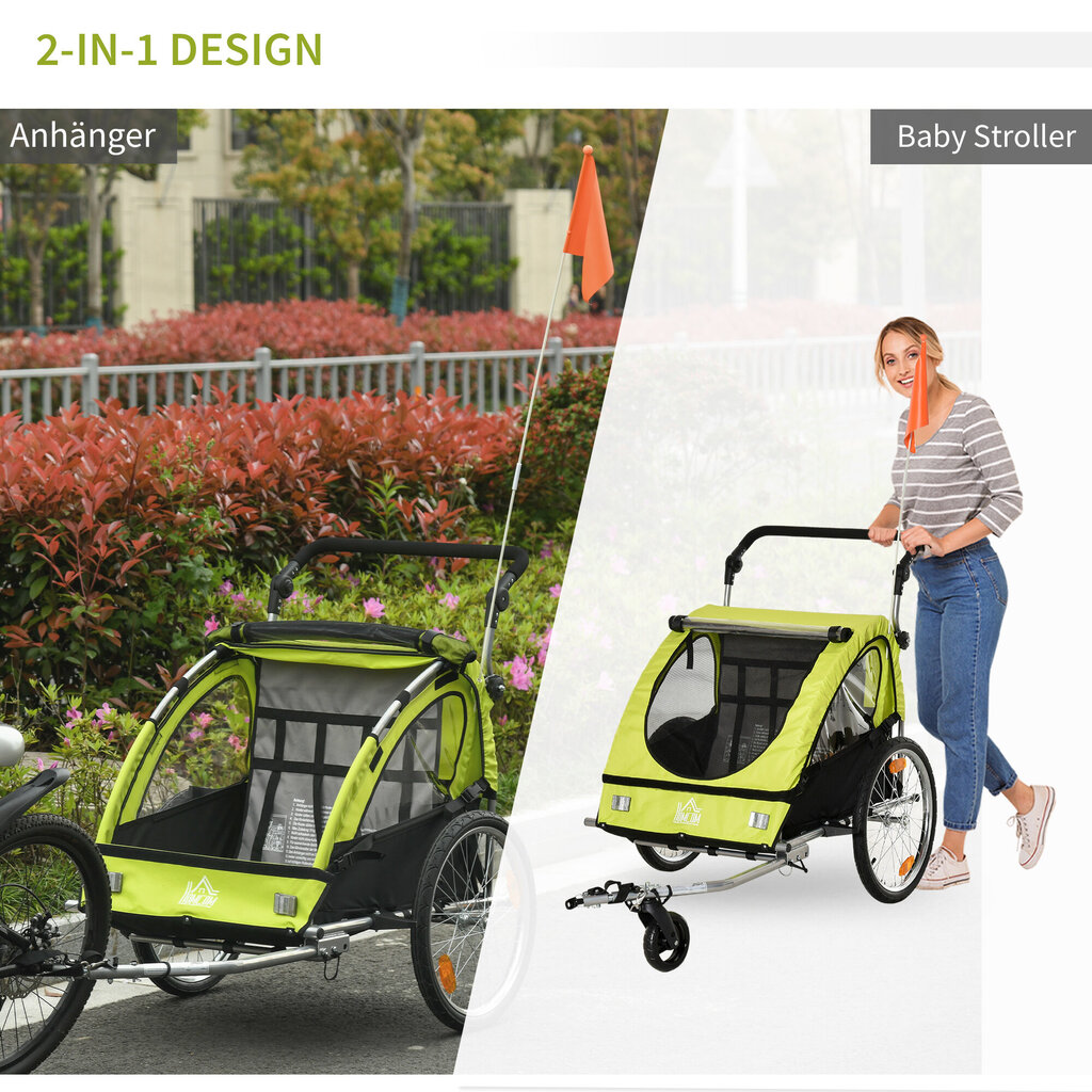 HOMCOM jalgrattahaagis 2 in 1 lapsevanker jogger funktsiooniga, 360° pööratav, turvavöö, roheline+must, 160x84x106cm цена и информация | Jalgrattakärud | kaup24.ee