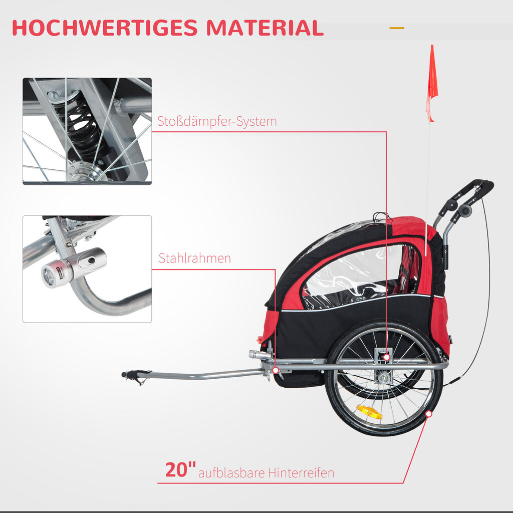 HOMCOM lapse haagis jalgrattahaagis koos lipuga jalgrattahaagis 2 lapsele vihmakate hingav kokkuvolditav Oxfordi kangas punane 155 x 88 x 108 cm hind ja info | Jalgrattakärud | kaup24.ee