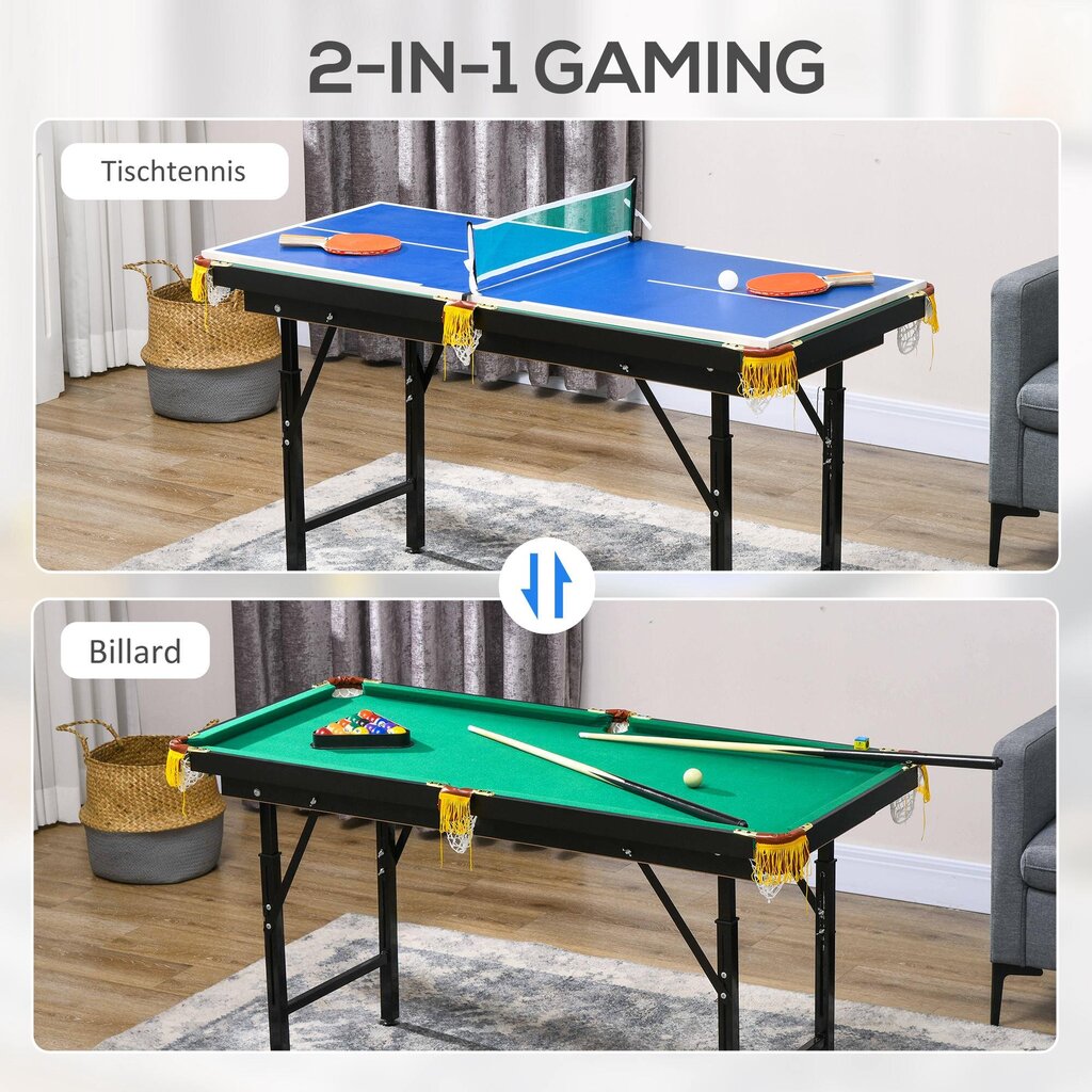 SPORTNOW multigame mängulaud 2in1 multifunktsionaalne lauatennis piljarditarvikud lapsed teismelised täiskasvanud teras 140x63x60-80cm roheline цена и информация | Lauatennise lauad ja katted | kaup24.ee