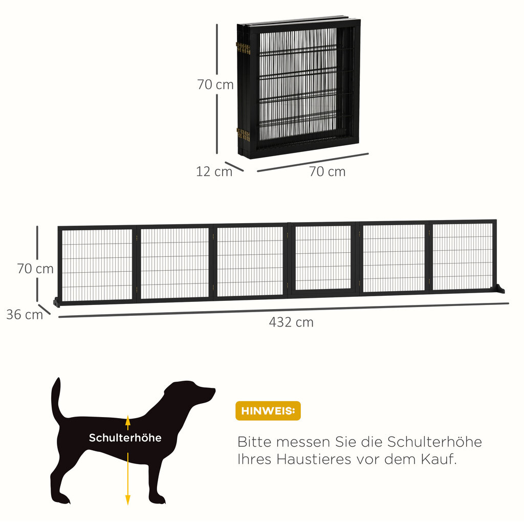 PawHut ukse turvavärav barjäärivärav koertele turvavärav koeravärav turvavärav kahesuunaline kokkupandav männipuidust metallist must 432x36x70cm цена и информация | Transportkorvid, puurid | kaup24.ee