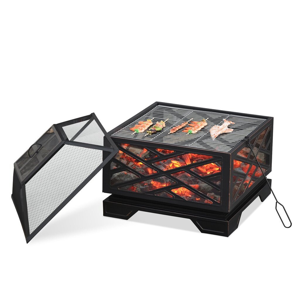 Outsunny lõkkekauss sädemekaitsega, lõkkekorv grillrestiga ja pokkeri, 2-in-1 grillgrill, metallist, must, 66x66x66cm цена и информация | Lõkkealused | kaup24.ee