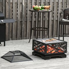 Outsunny lõkkekauss sädemekaitsega, lõkkekorv grillrestiga ja pokkeri, 2-in-1 grillgrill, metallist, must, 66x66x66cm hind ja info | Lõkkealused | kaup24.ee