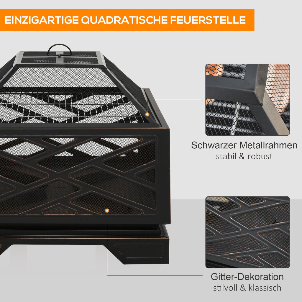 Outsunny lõkkekauss sädemekaitsega, lõkkekorv grillrestiga ja pokkeri, 2-in-1 grillgrill, metallist, must, 66x66x66cm цена и информация | Lõkkealused | kaup24.ee