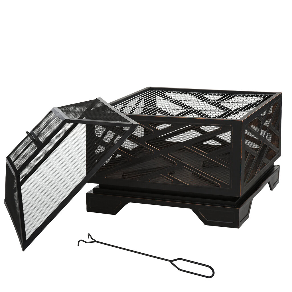 Outsunny lõkkekauss sädemekaitsega, lõkkekorv grillrestiga ja pokkeri, 2-in-1 grillgrill, metallist, must, 66x66x66cm цена и информация | Lõkkealused | kaup24.ee