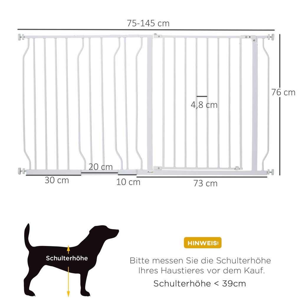 PawHut koera ukse turvavärav trepikoda, 75-145 cm koera ukse värav, beebi ukse värav, klambrivärav, turvavärav, kahesuunaline avamine, teras, valge | Aosom hind ja info | Transportkorvid, puurid | kaup24.ee