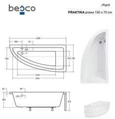 Ванна Besco Praktika, 150x70 см, правосторонняя цена и информация | Ванны | kaup24.ee