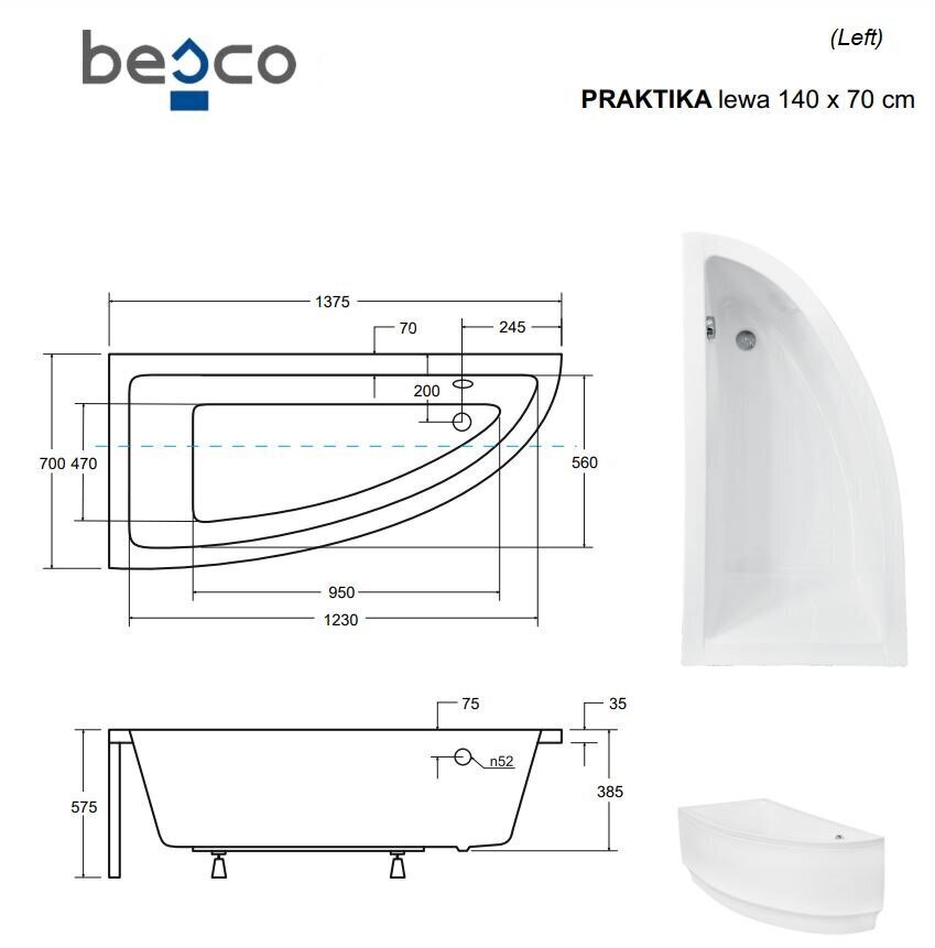 Vann Besco Praktika viimistlusega, 140x70 cm, vasak hind ja info | Vannid | kaup24.ee