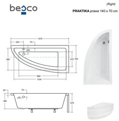 Ванна Besco Praktika с белой отделкой, 140x70 см, правосторонняя цена и информация | Ванны | kaup24.ee