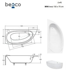 Ванна Besco Mini, 150x70 см, левосторонняя цена и информация | Ванны | kaup24.ee