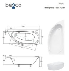 Ванна Besco Mini с отделкой, 150x70 см, правосторонняя цена и информация | Ванны | kaup24.ee